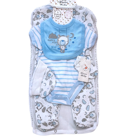 Newborn Baby Boy 5 Piece Gift Set- Blue Bear Print