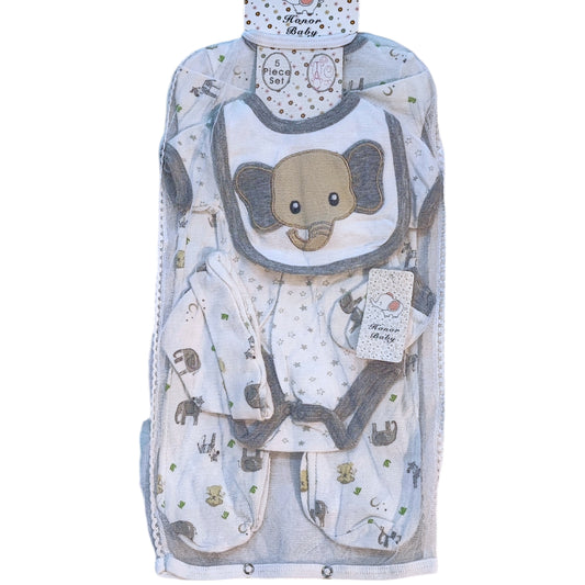 Unisex Newborn Baby 5 Piece Gift Set- Grey Elephant Print