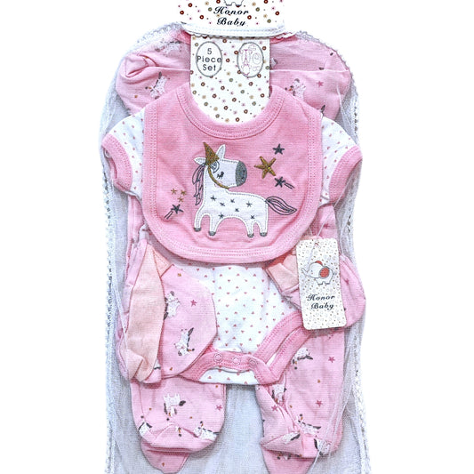 Newborn Baby Girl 5 Piece Gift Set- Unicorn Print