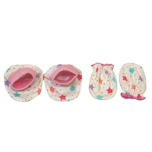 Cotton hosiery fabric Newborn Baby Mitten Booties Set with Elastic and Dori - Multi colour Star Print