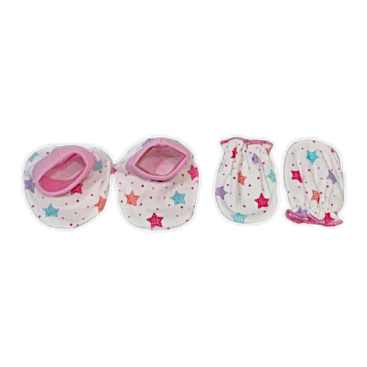 Cotton hosiery fabric Newborn Baby Mitten Booties Set with Elastic and Dori - Multi colour Star Print