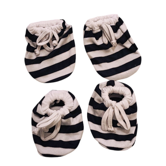 Cotton hosiery fabric Newborn Baby Mitten Booties Set Elastic and Dori - Nevy Blue and White Stripes Print