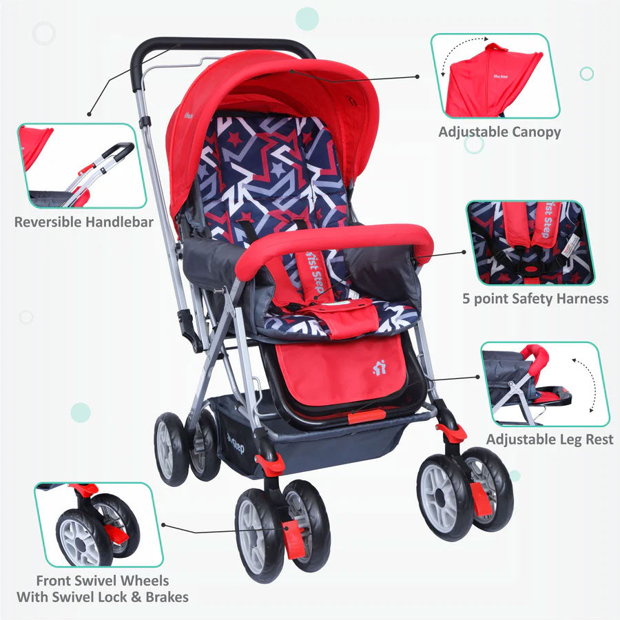 Baby Stroller with 5 Point Safety Harness and Reversible Handlebar Stroller-Red