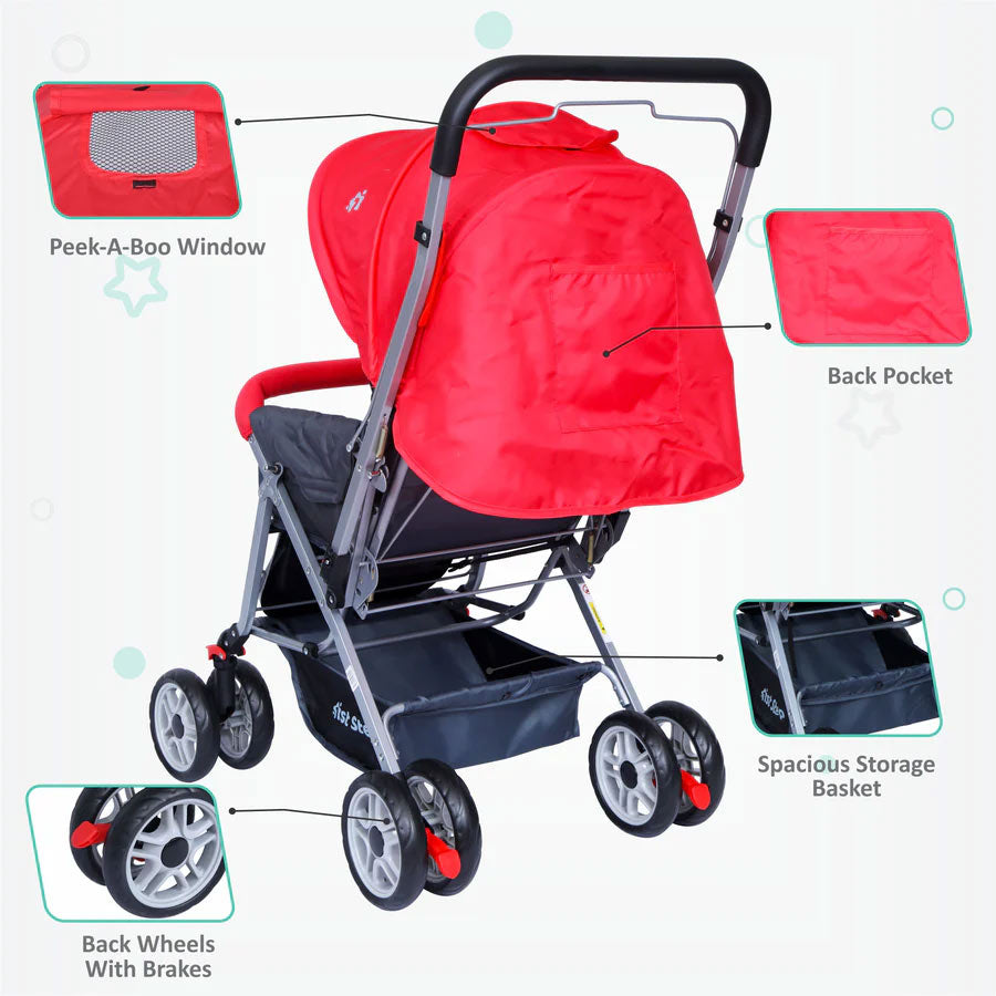 Baby Stroller with 5 Point Safety Harness and Reversible Handlebar Stroller-Red